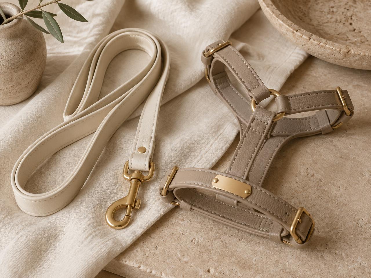 Ivory leather leash and taupe harness strap with gold clasps and an engraved brass name plate on cream linen
