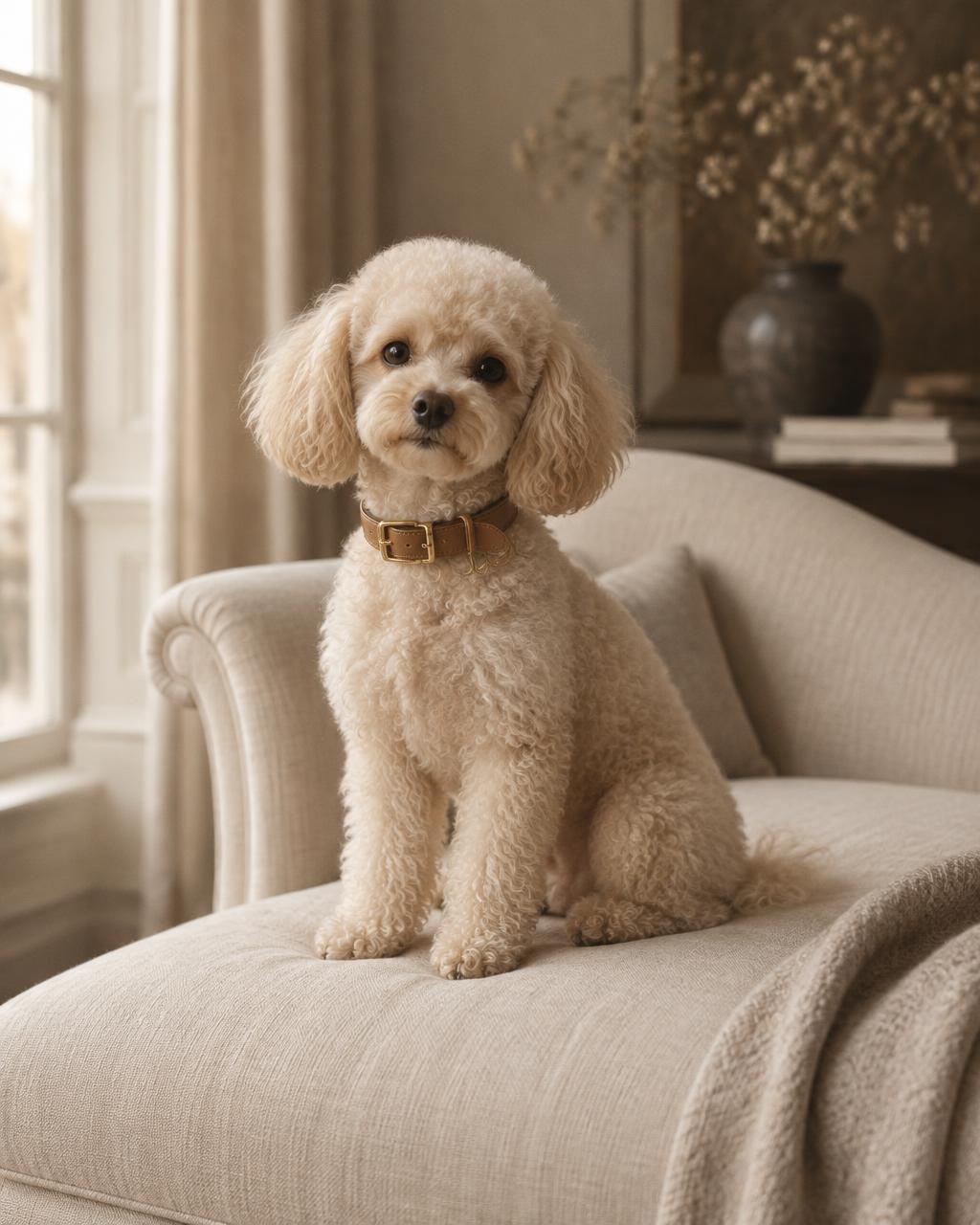 Cream toy poodle wearing a caramel leather collar, sitting on ivory linen